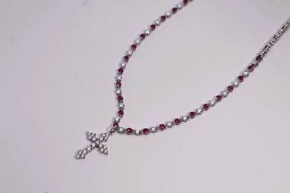 necklace with a full diamond chain and a cross.