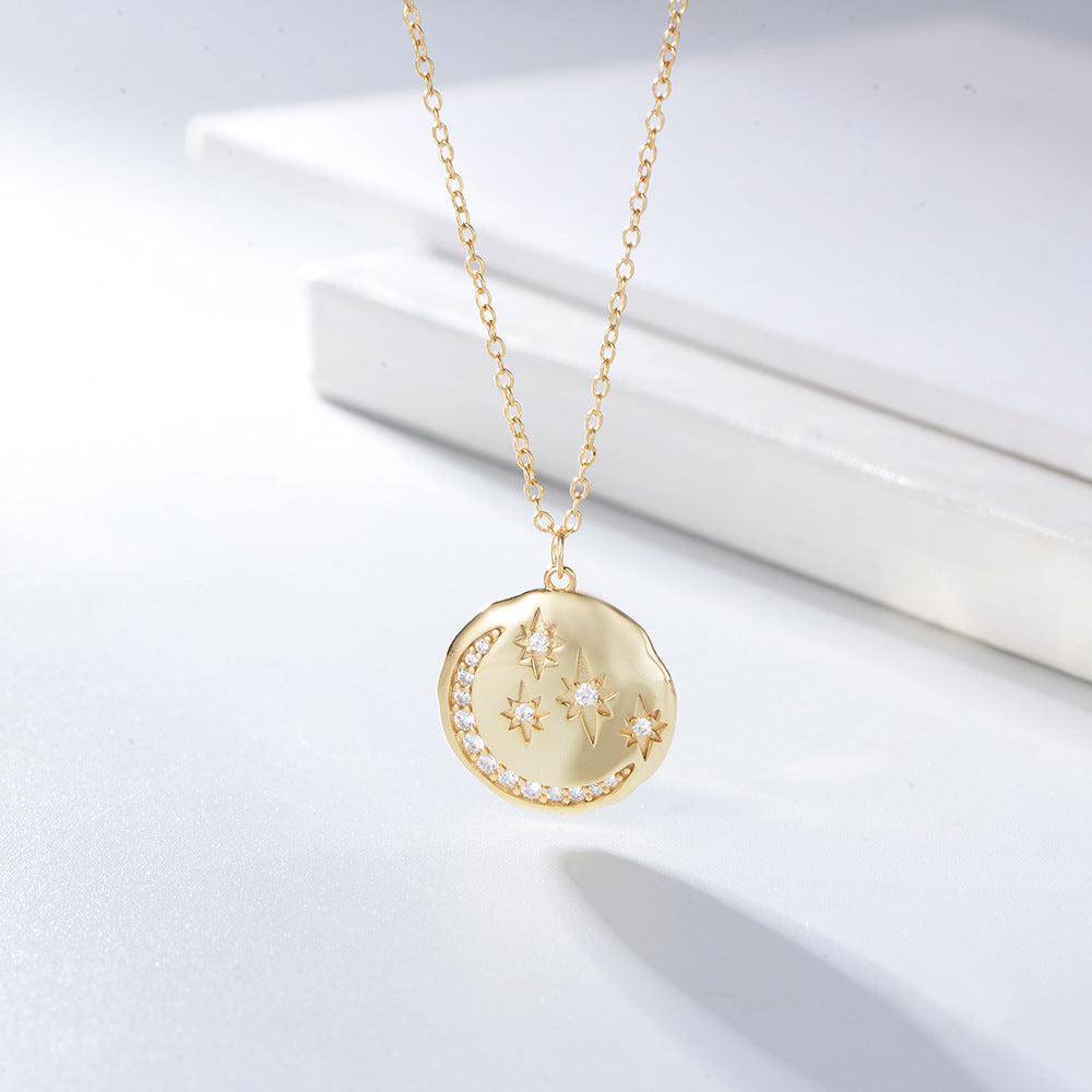 s925 sterling silver round coin star moon necklace European and American ins style diamond-embedded