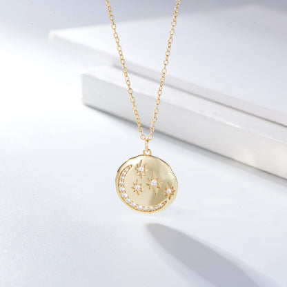 s925 sterling silver round coin star moon necklace European and American ins style diamond-embedded