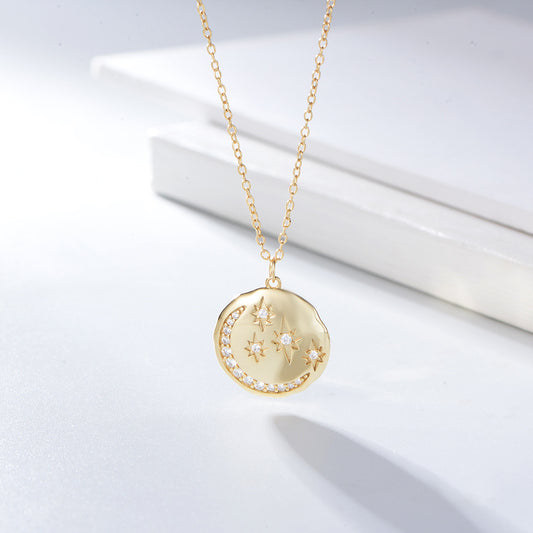 s925 sterling silver round coin star moon necklace European and American ins style diamond-embedded