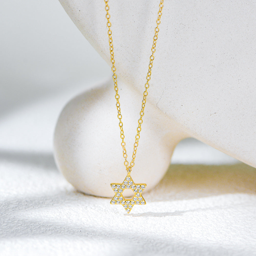 S925 Sterling Silver Diamond Six-Pointed Star Pendant Necklace Women's High-End European and America