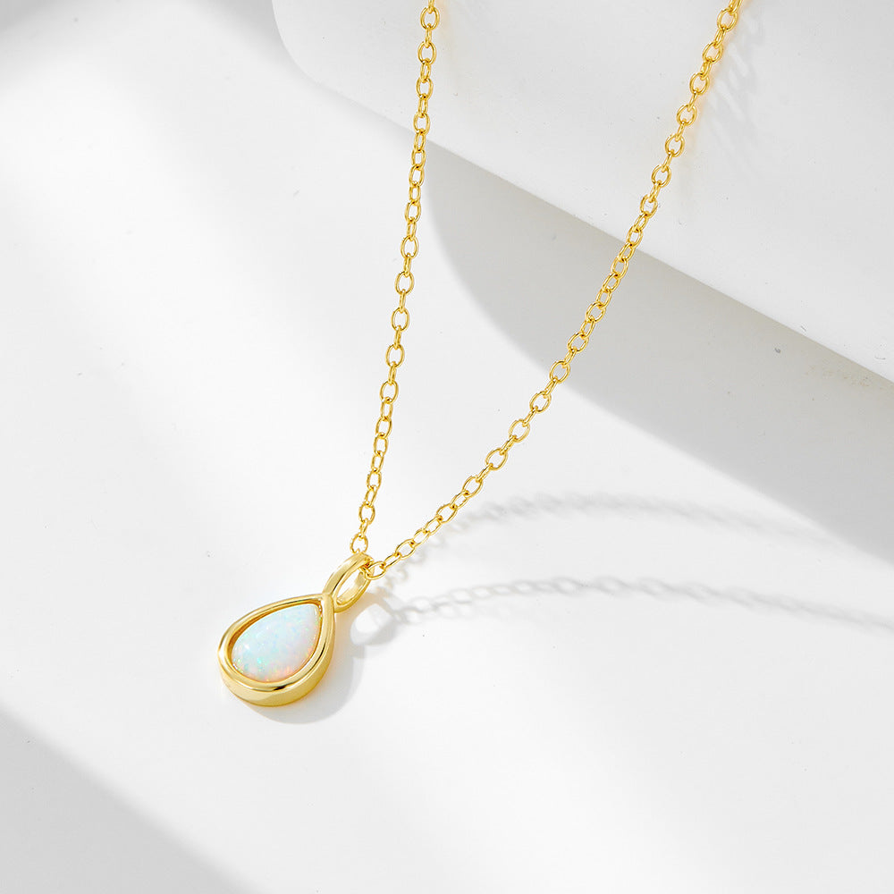 S925 Sterling Silver Geometric Pear-shaped Opal Necklace European and American Light Luxury Ins High