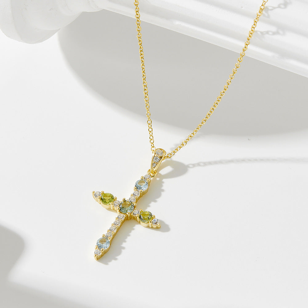 S925 Sterling Silver European and American Style Cross Pendant Necklace with Colorful Zirconia for W