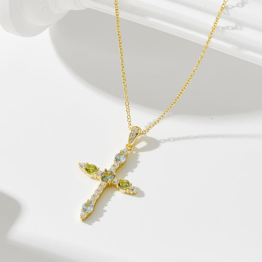 S925 Sterling Silver European and American Style Cross Pendant Necklace with Colorful Zirconia for W