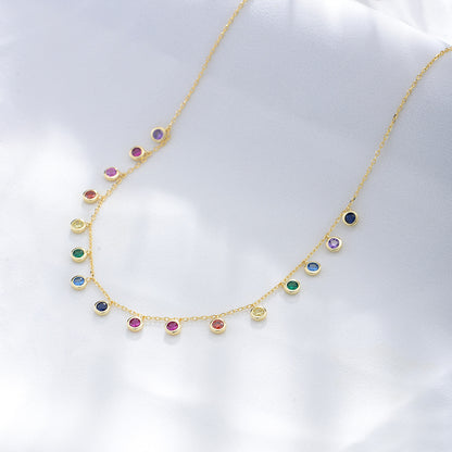 s925 sterling silver colorful round zircon necklace female European and American cross-border colorf