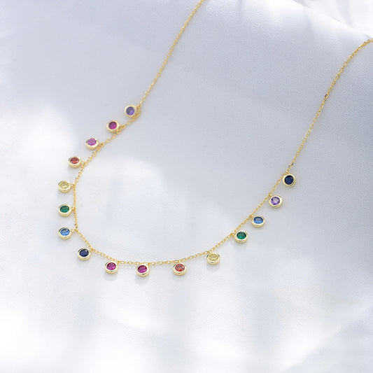s925 sterling silver colorful round zircon necklace female European and American cross-border colorf