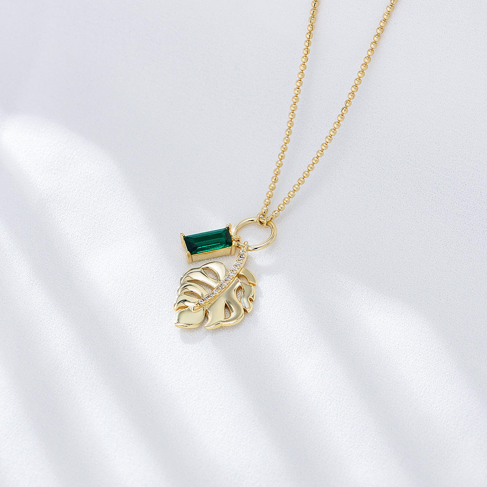 925 sterling silver Emerald zircon tree leaf pendant necklace women's all-match European and America
