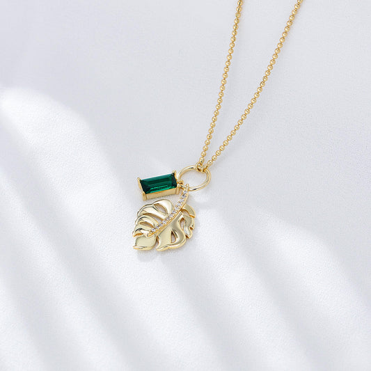 925 sterling silver Emerald zircon tree leaf pendant necklace women's all-match European and America