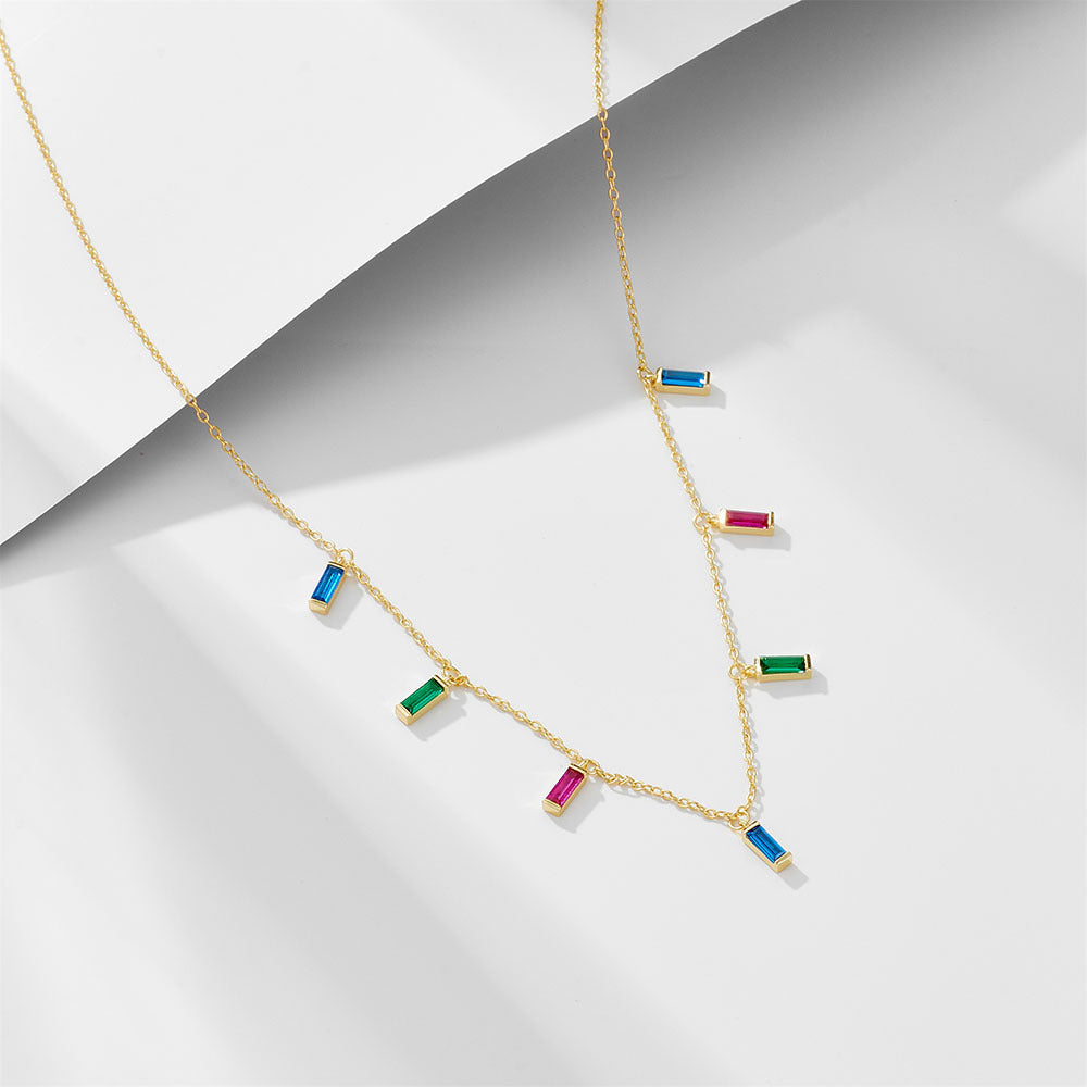 S925 Sterling Silver Geometric Small Square Rainbow Zircon Pendant Necklace for Women European and A