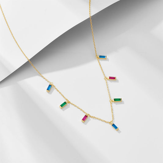 S925 Sterling Silver Geometric Small Square Rainbow Zircon Pendant Necklace for Women European and A