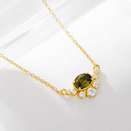 S925 Sterling Silver Egg-shaped Olive Green Zircon Pendant Necklace Women's European and American Cr
