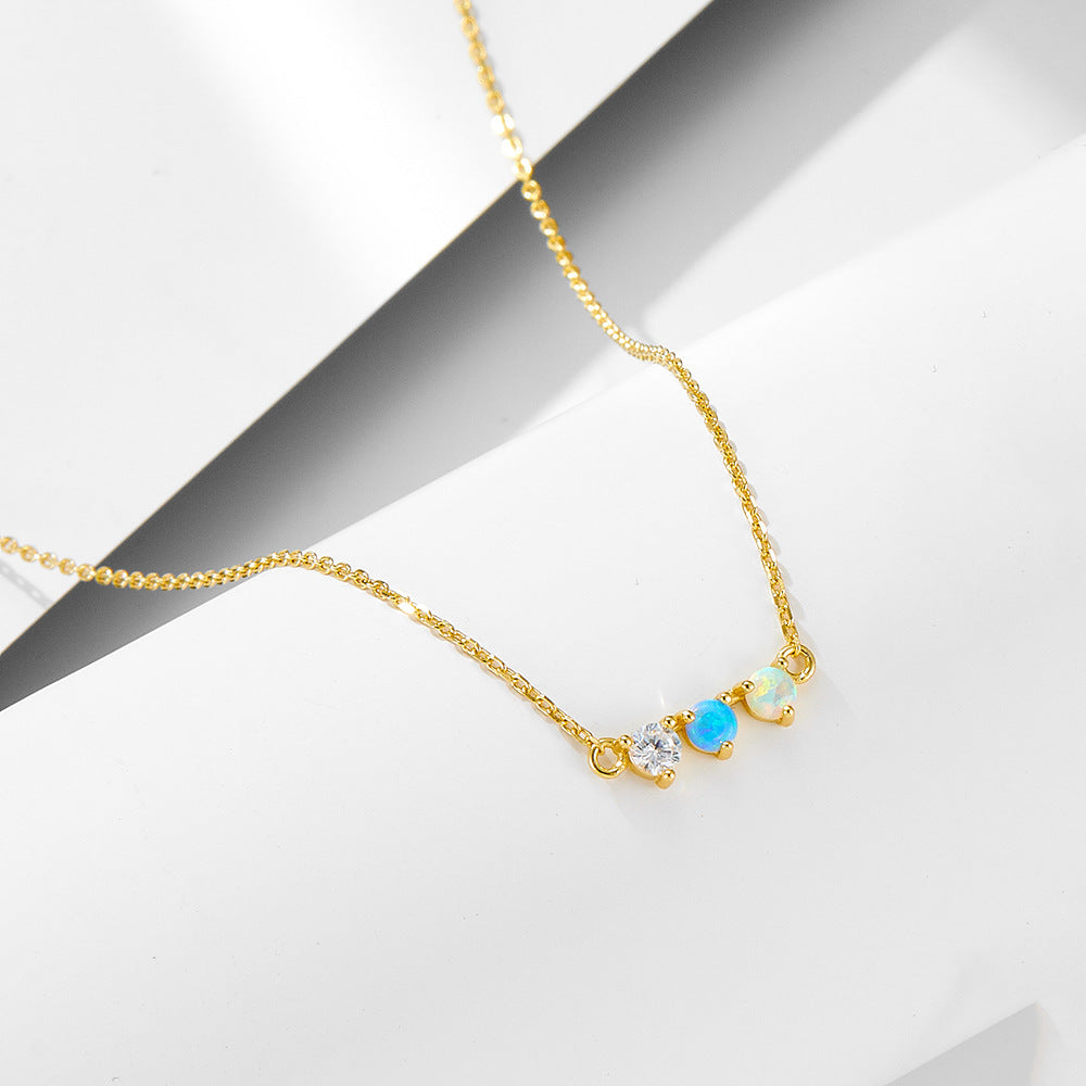 Colorful Opal sterling silver necklace for women European and American cross-border light luxury fashion simple all-match clavicle chain