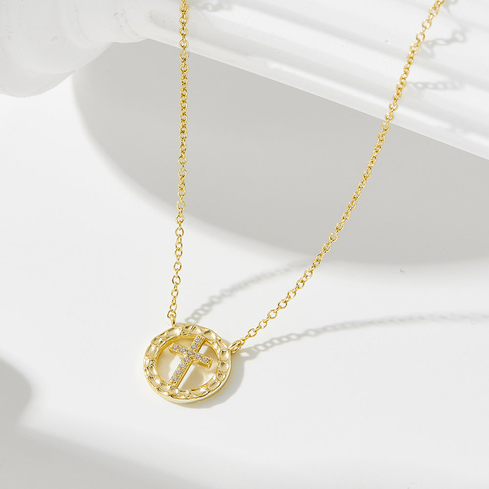 925 Sterling Silver Niche Design Round Hollow Diamond-Encrusted Cross Necklace for Women, European