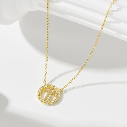 925 Sterling Silver Niche Design Round Hollow Diamond-Encrusted Cross Necklace for Women, European