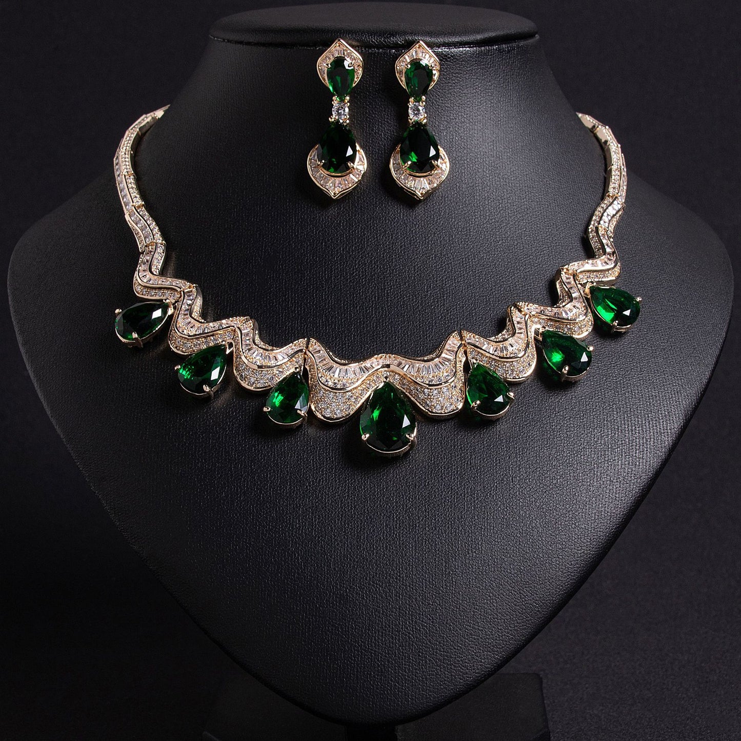 Water Drop Bridal Earrings Green Zircon 18K Gold Plated Wholesale