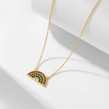S925 Sterling Silver Geometric Semicircle Rainbow Zircon Necklace Pendant European and American Cros
