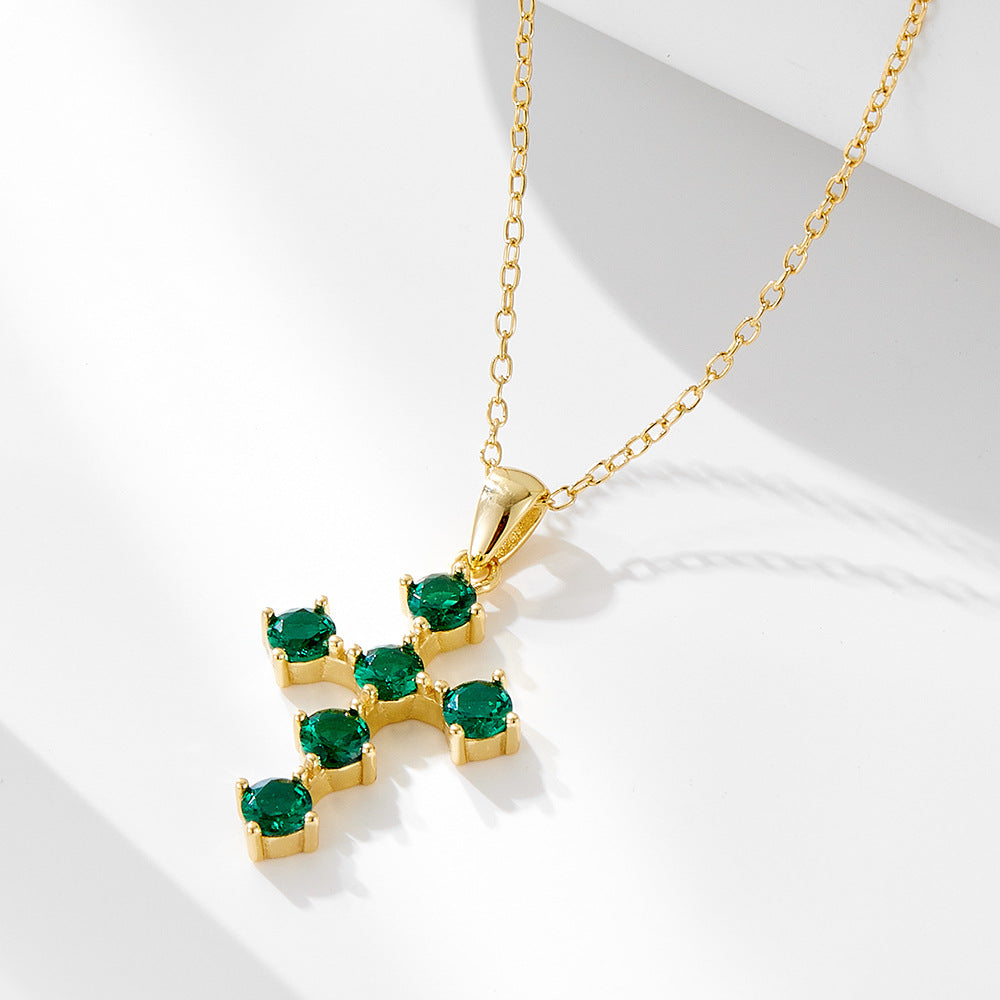 Cross-border European and American Ins Style Retro Light Luxury Emerald Zircon Cross Pendant Necklac