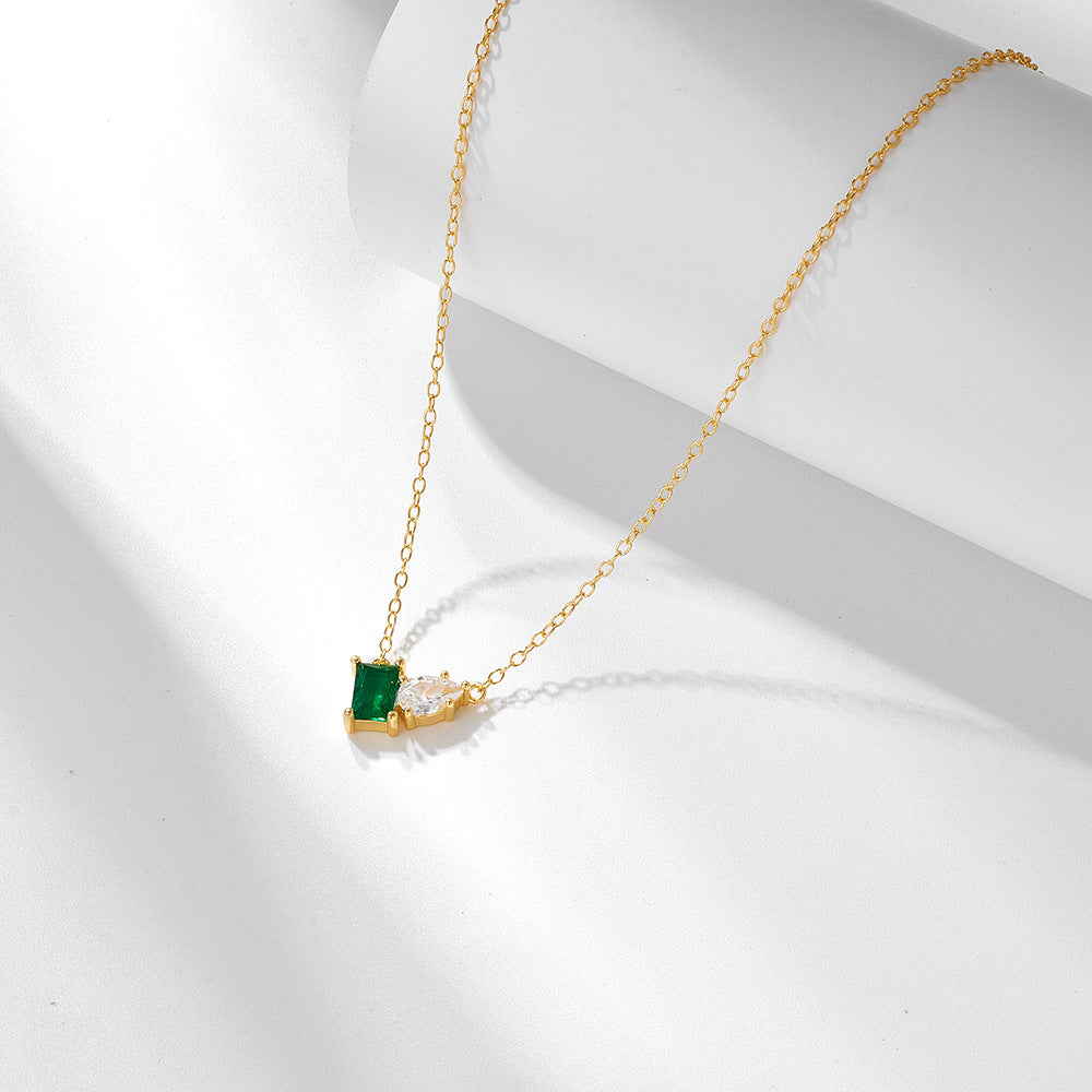 S925 Sterling Silver Inlaid with Emerald Rectangular Water Drop Zircon Necklace for Women European a