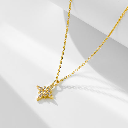 New style full diamond eight Awn star pure silver necklace female European and American ins niche de