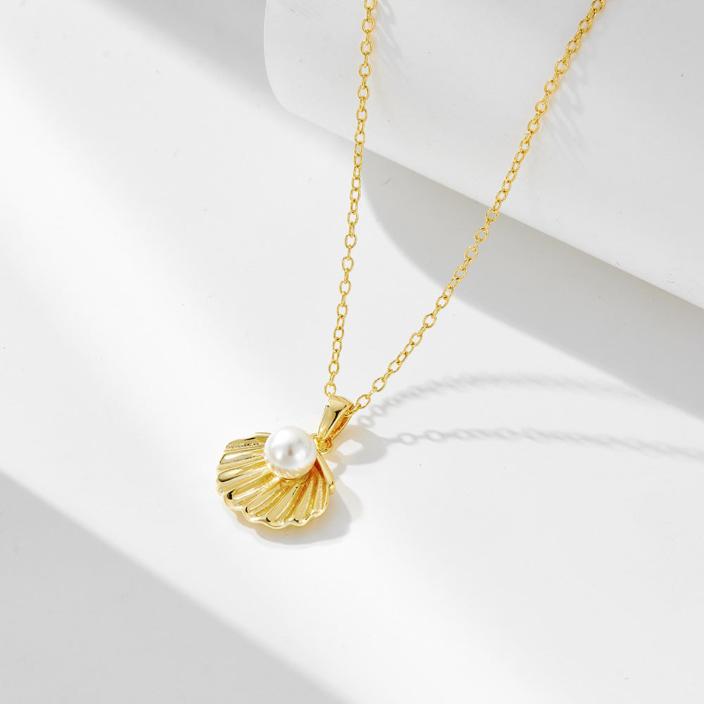 S925 Sterling Silver Plated 14K Gold Pearl Shell Necklace Women's Elegant Elegant European and Ameri