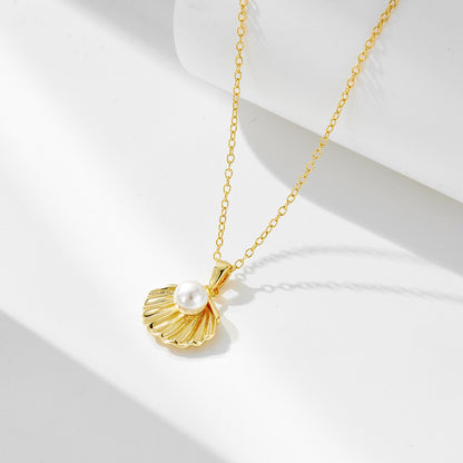 S925 Sterling Silver Plated 14K Gold Pearl Shell Necklace Women's Elegant Elegant European and Ameri