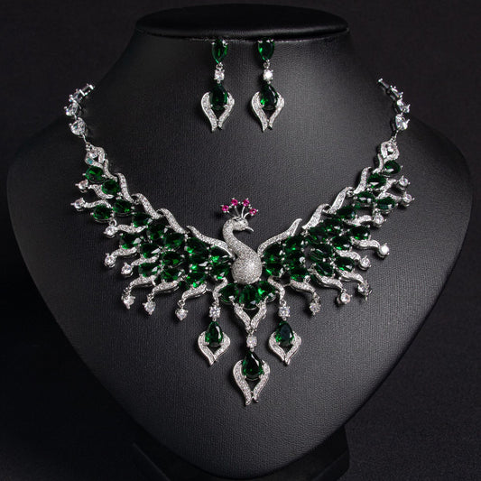 Peacock Zircon Necklace Earrings Set 18K Gold Plated Wholesale
