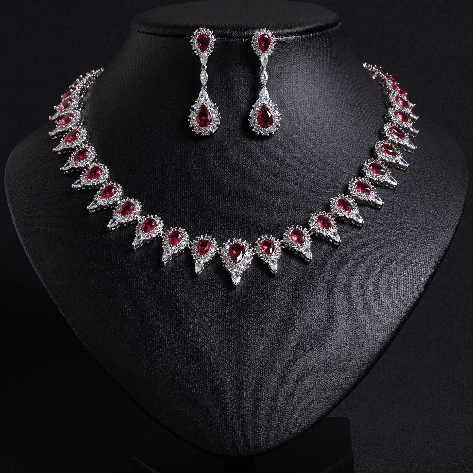 Red Bridal Zircon Necklace Earrings Set 18K Gold Plated Wholesale