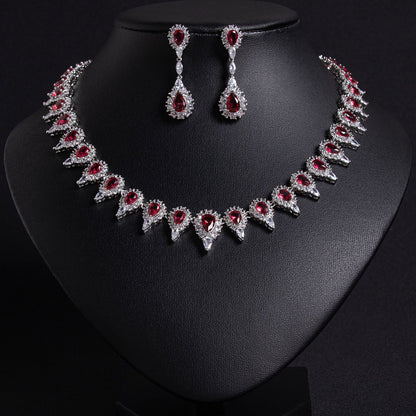 Red Bridal Zircon Necklace Earrings Set 18K Gold Plated Wholesale