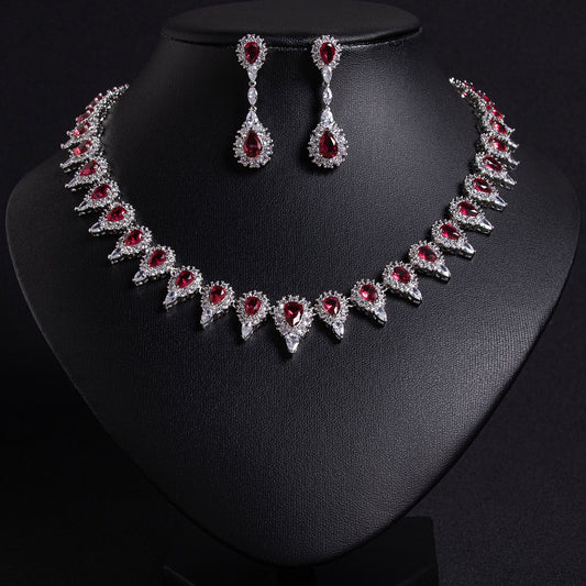 Red Bridal Zircon Necklace Earrings Set 18K Gold Plated Wholesale