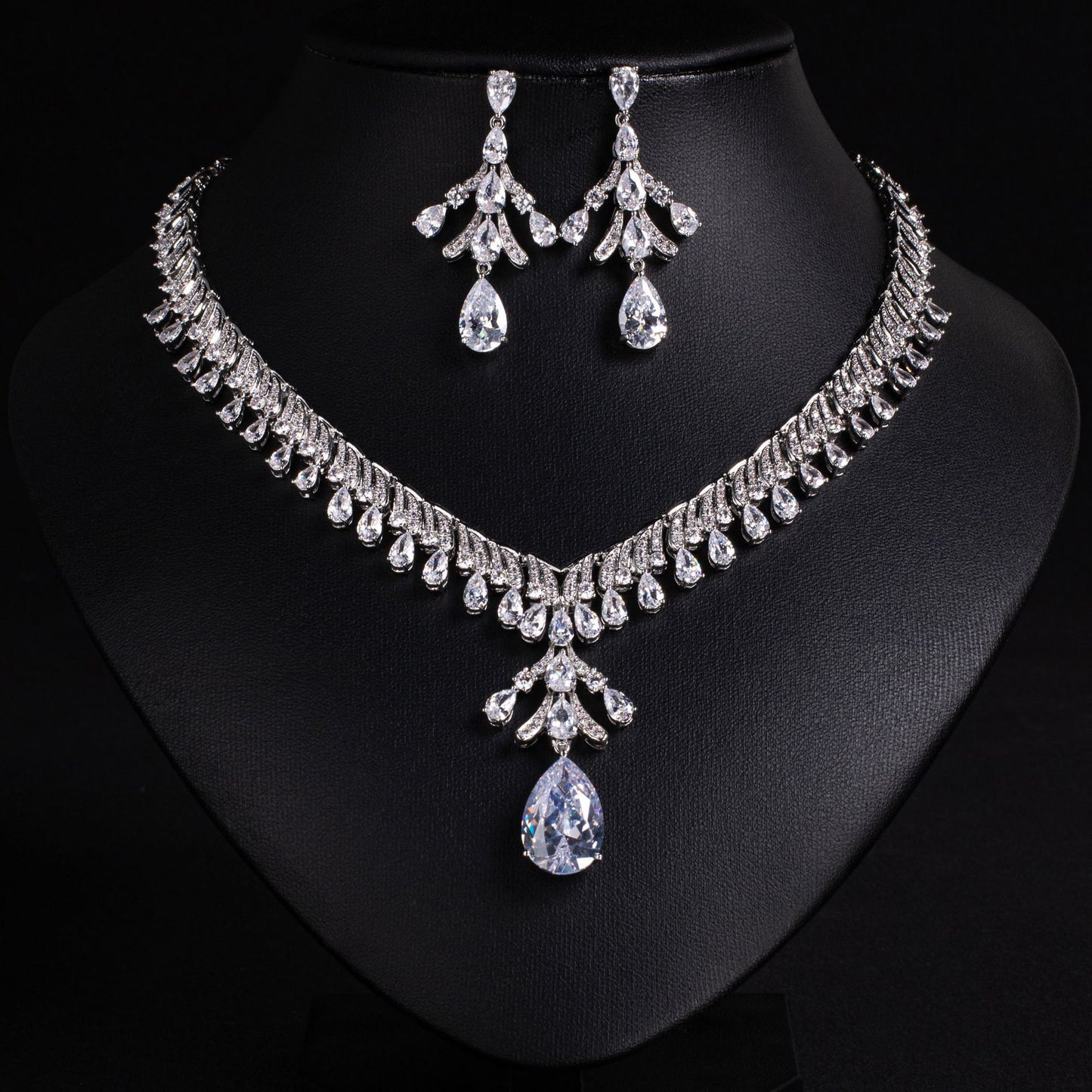 Banquet Statement White Zircon Necklace Earrings Set 18K Gold Plated
