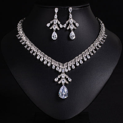Banquet Statement White Zircon Necklace Earrings Set 18K Gold Plated