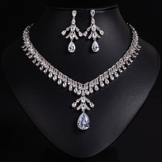 Banquet Statement White Zircon Necklace Earrings Set 18K Gold Plated