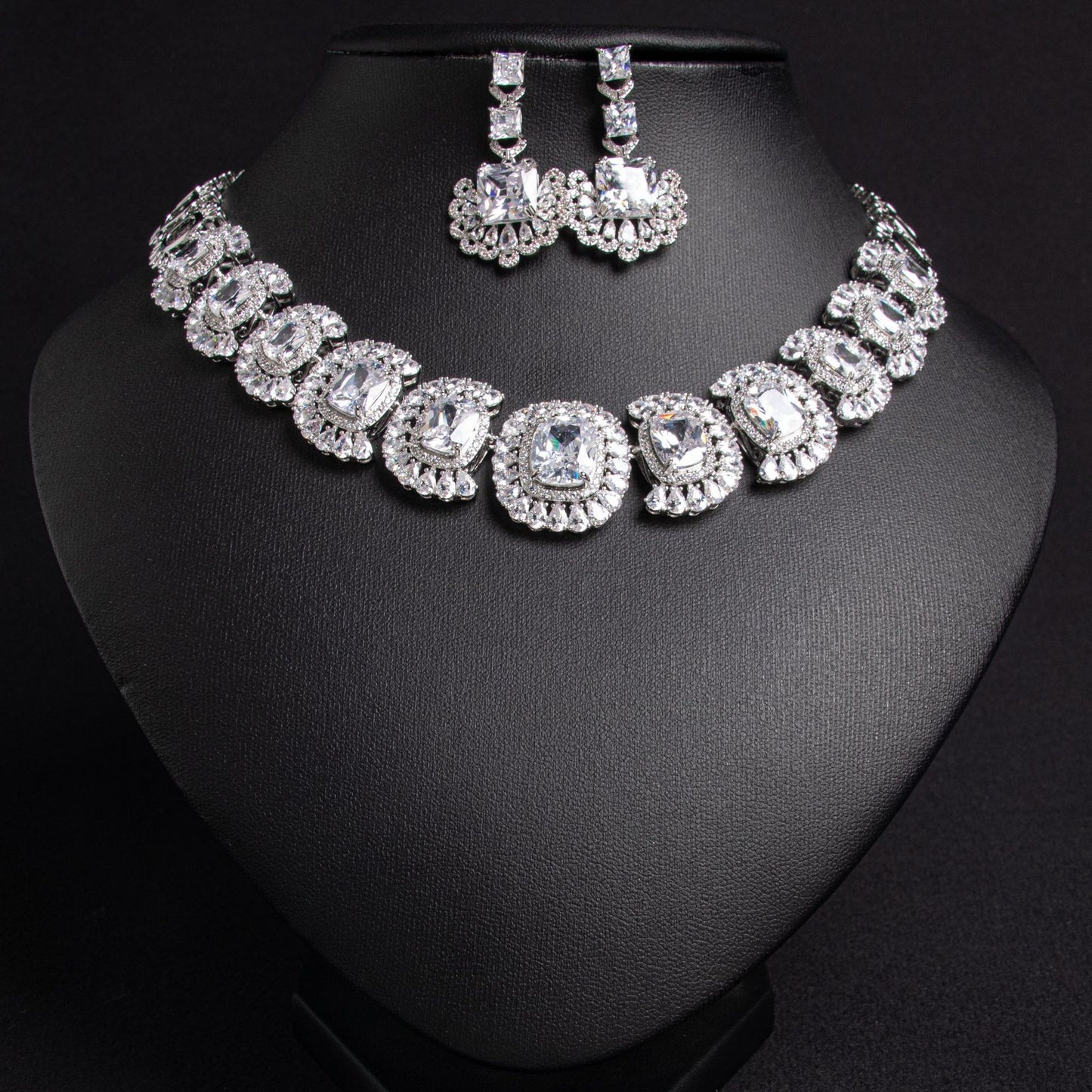Chain Design Bridal Necklace Earrings Set White Zircon 18K Gold Plated