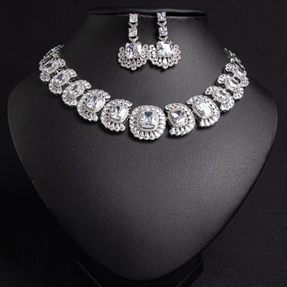 Chain Design Bridal Necklace Earrings Set White Zircon 18K Gold Plated