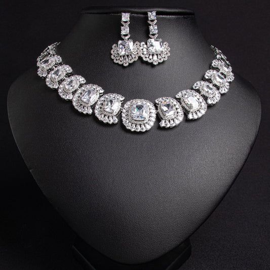 Chain Design Bridal Necklace Earrings Set White Zircon 18K Gold Plated