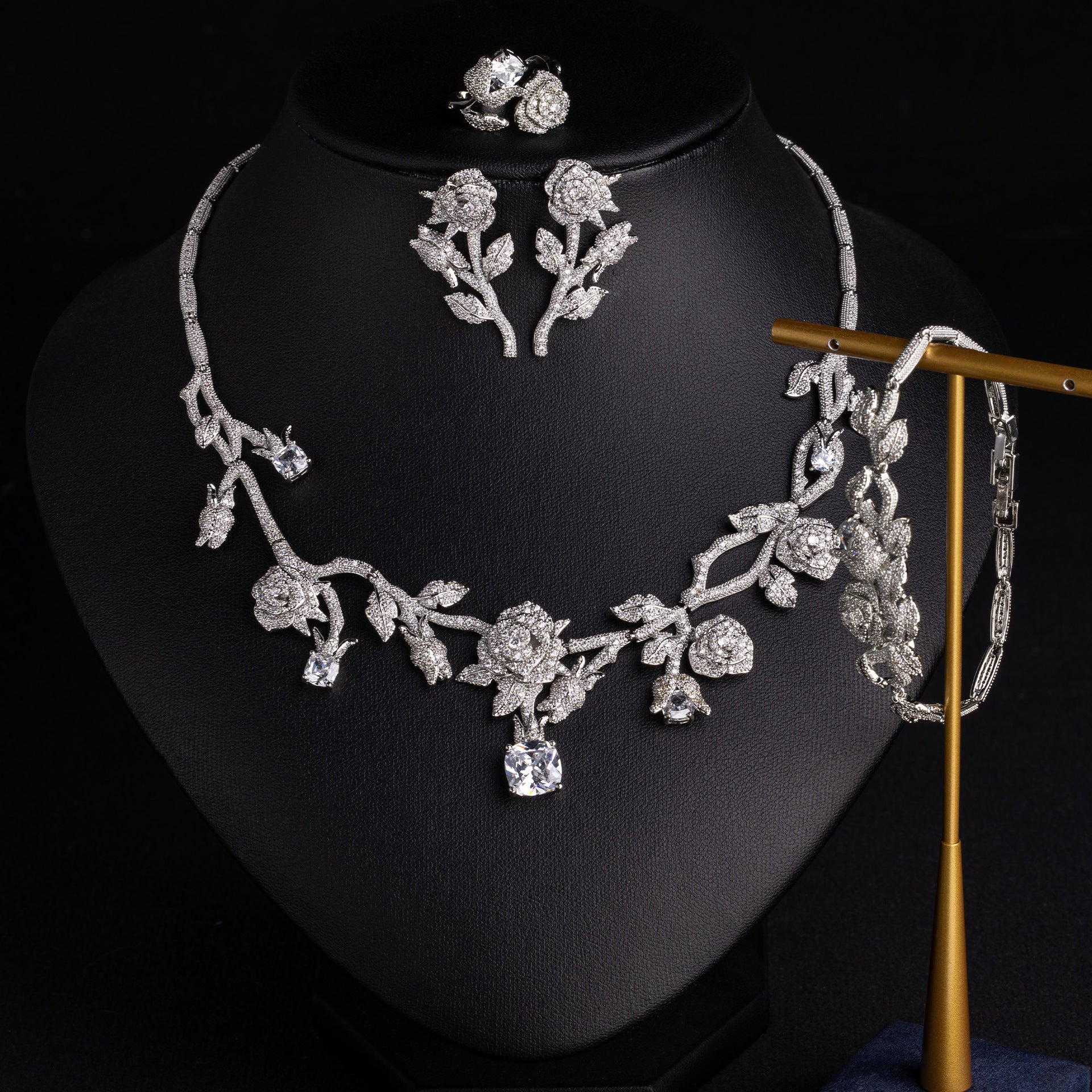 Floral Bride Necklace Earrings Set 18K Gold Plated Wholesale