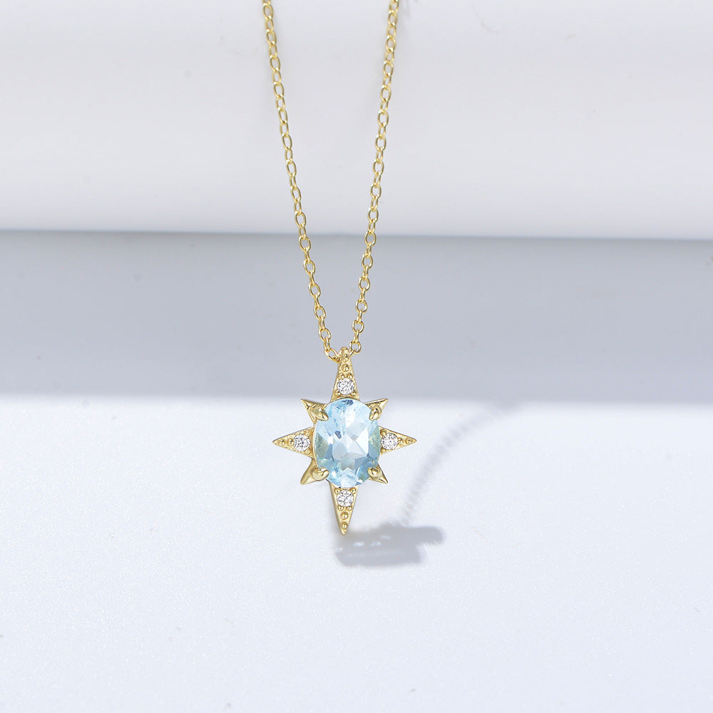 S925 Sterling Silver Bamang Star Pendant Japanese Style Simple Sky Blue Natural Topaz Clavicle Chain