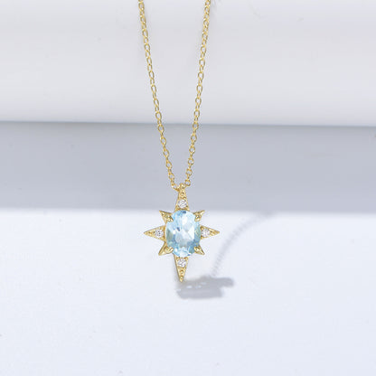 S925 Sterling Silver Bamang Star Pendant Japanese Style Simple Sky Blue Natural Topaz Clavicle Chain