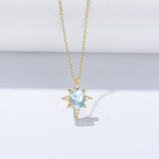 S925 Sterling Silver Bamang Star Pendant Japanese Style Simple Sky Blue Natural Topaz Clavicle Chain