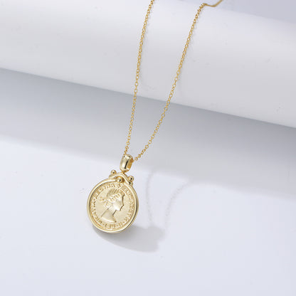 S925 Sterling Silver Elizabeth Portrait Coin Embossed Necklace European and American ins Style Fashi