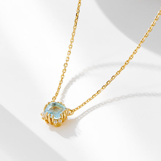 925 Sterling Silver Geometric Round Natural Topaz Pendant Necklace European and American Cross-borde