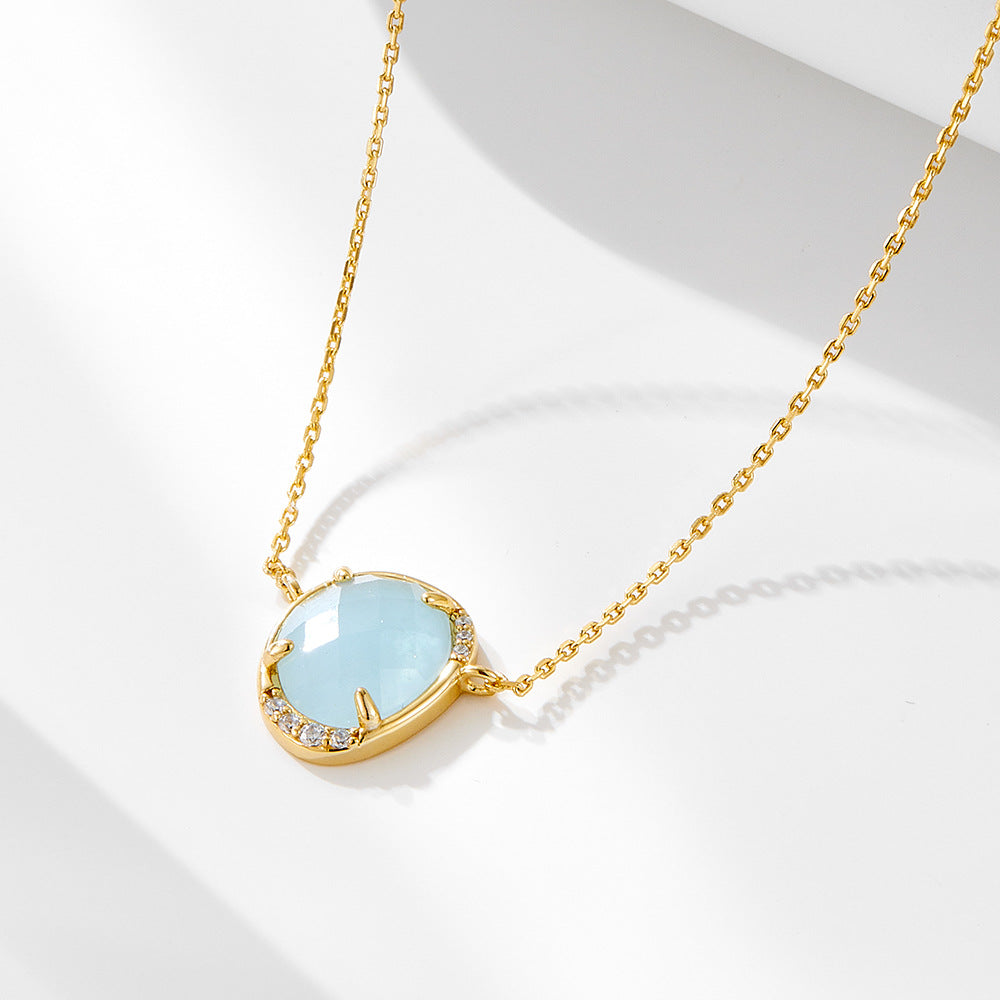 Oval Egg-shaped Natural Haibao Sapphire Pendant Sterling Silver Necklace Women's European and Americ