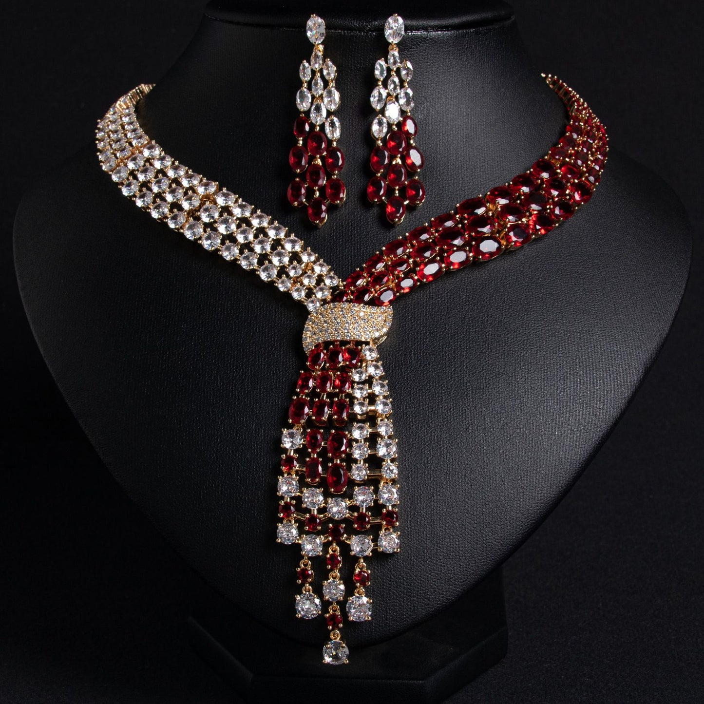 Tassel Bridal Necklace Earrings Set Gold Red Zircon 18K Gold Plated