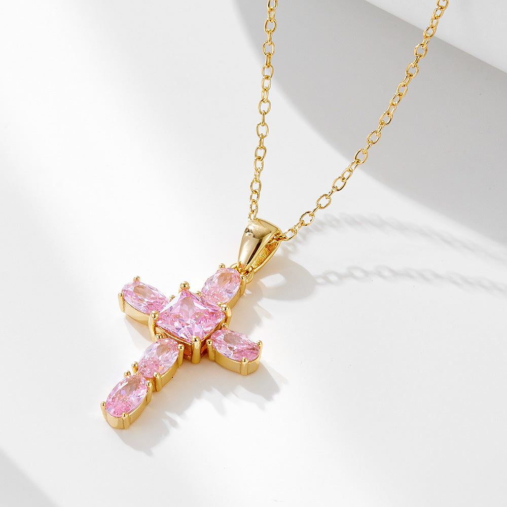 S925 Sterling Silver Pink Zircon Cross Necklace Female European and American Niche Design Feeling Te