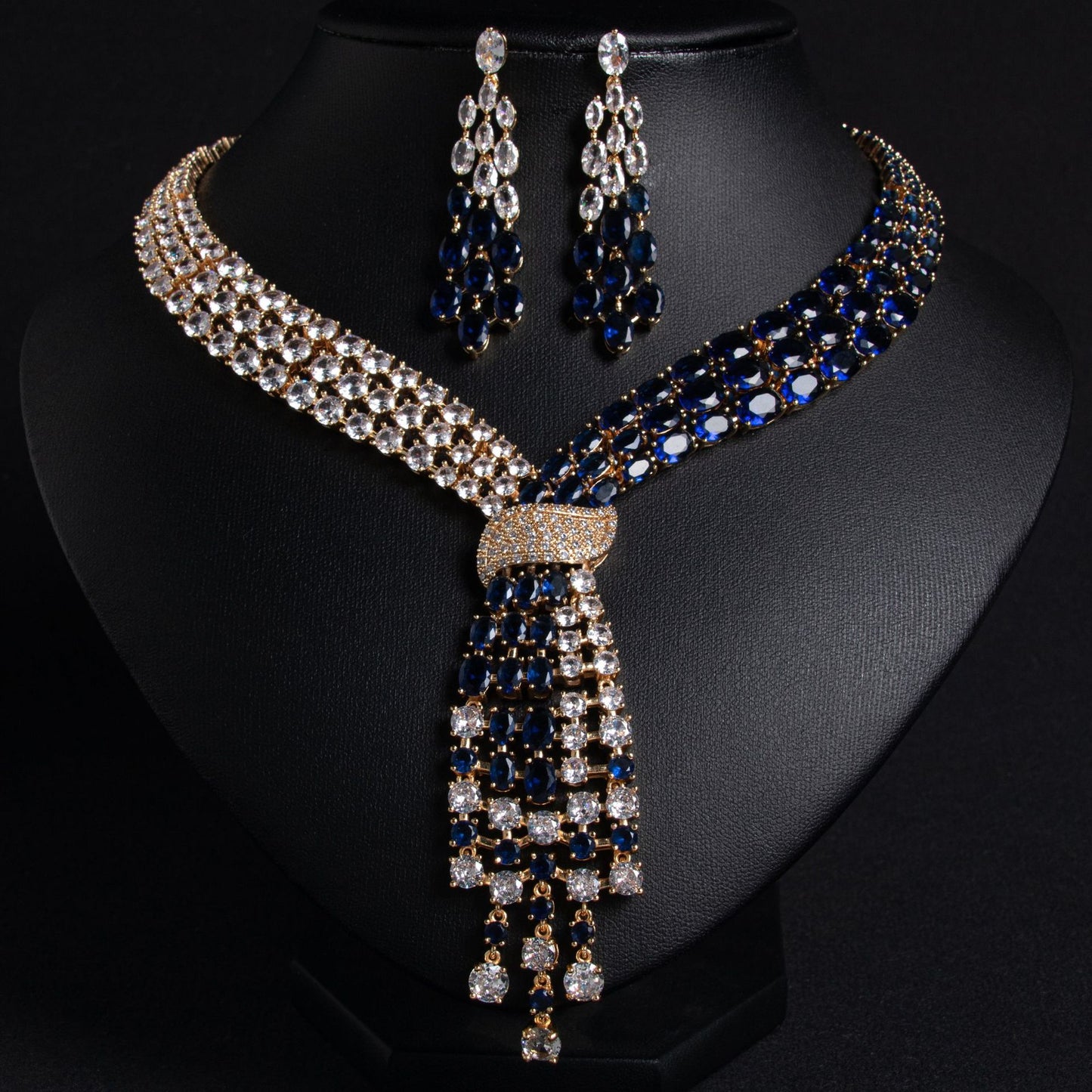 Gold Blue Zircon Tassel Elegance Bridal Jewelry Set Wholesale