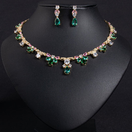 Emerald CZ Bridal Necklace Earrings Set Gold Plated OEM