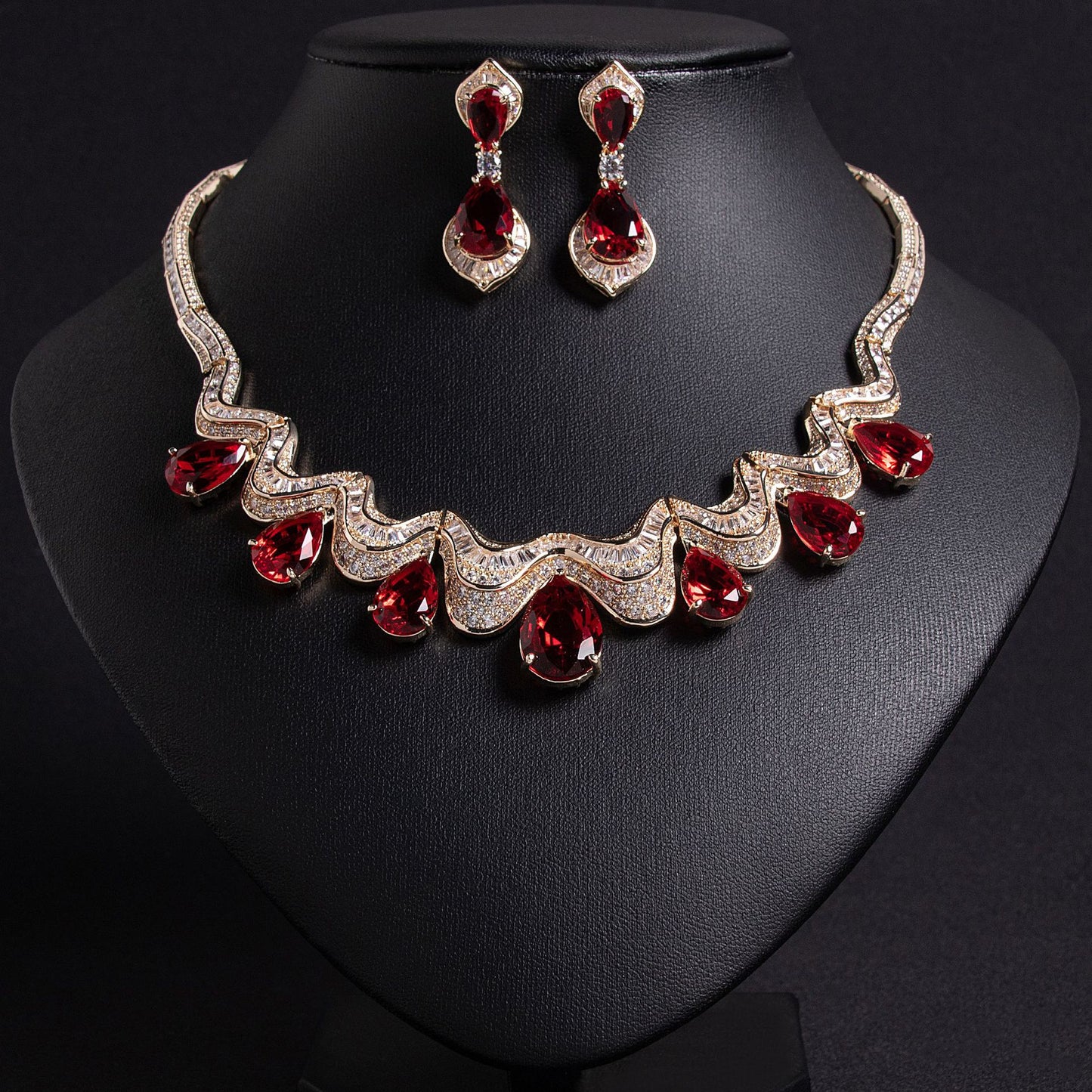 Red CZ Water Drop Shape Bridal Earrings Gold Plated OEM