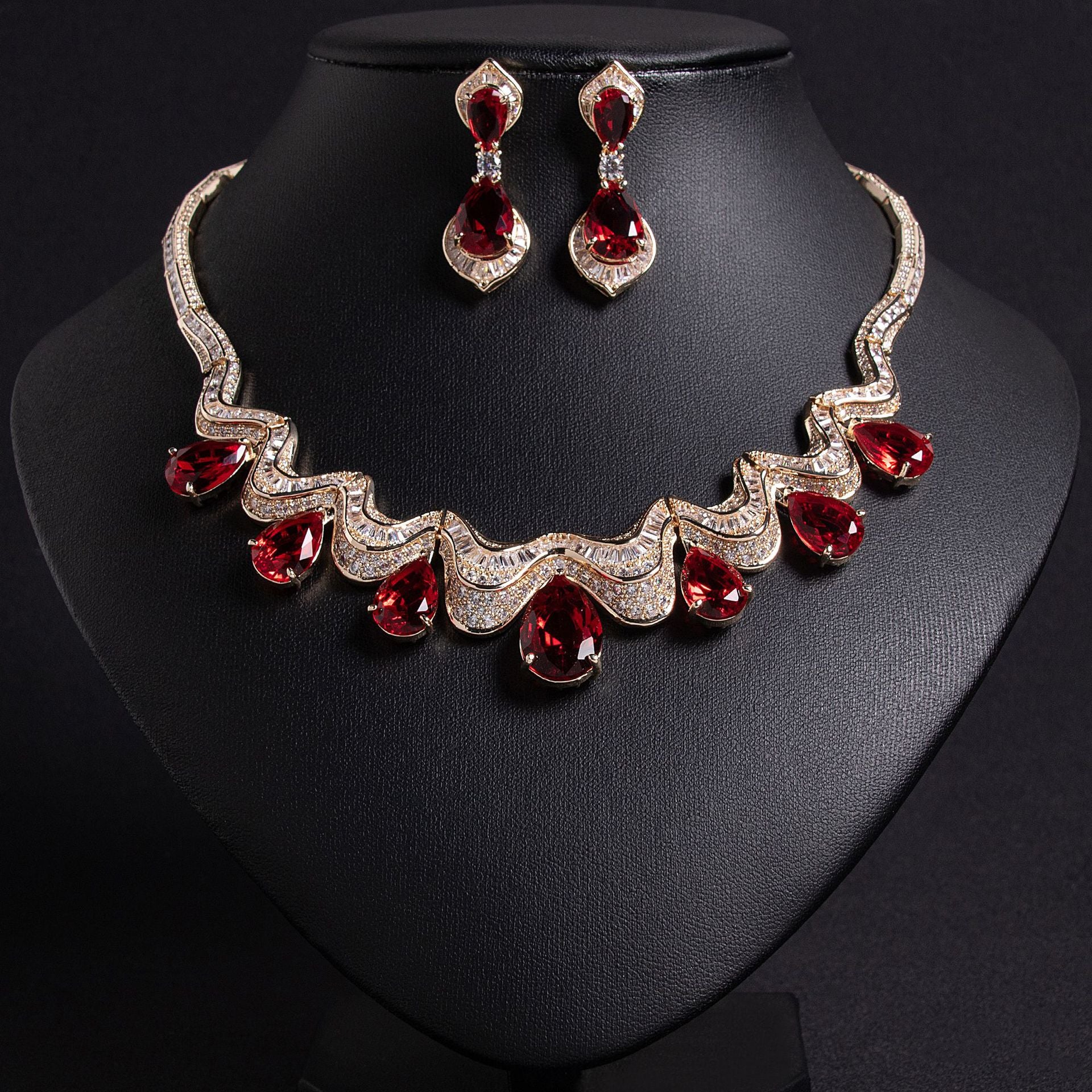 Red CZ Water Drop Shape Bridal Earrings Gold Plated OEM
