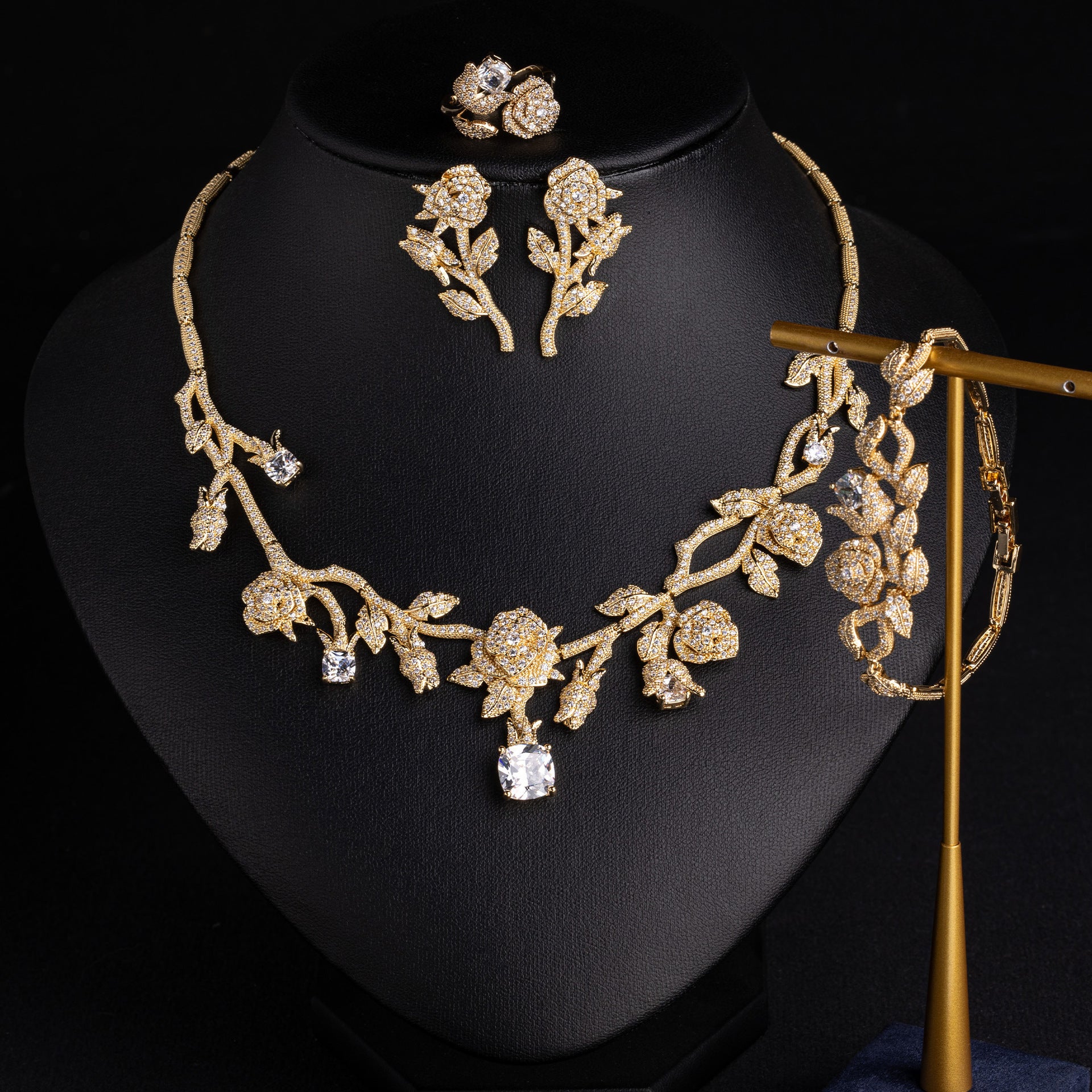 Floral Bridal Jewelry Set Gold Plated OEM View 2
