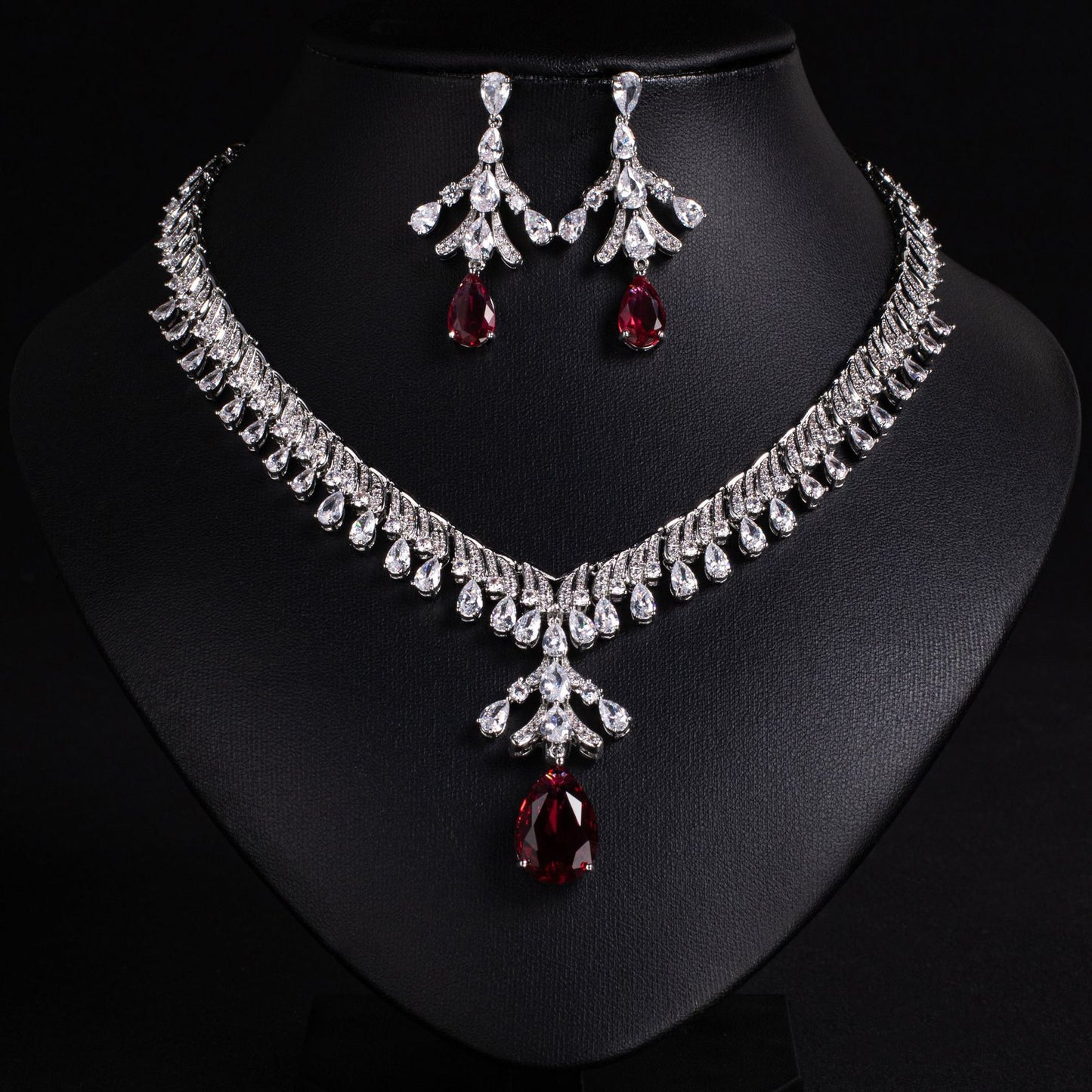 Red CZ Statement Bridal Jewelry Set Gold Plated Wholesale